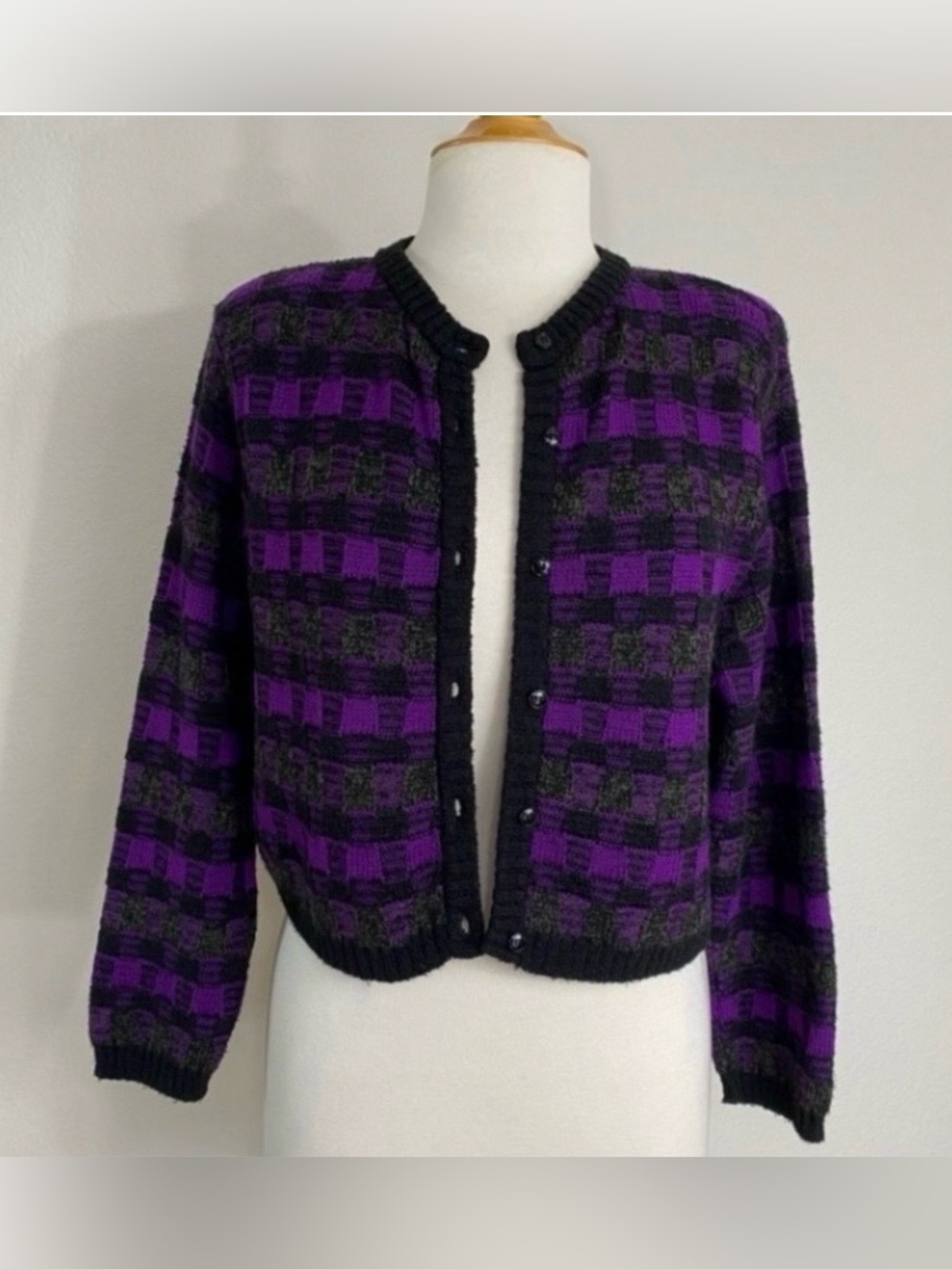 Vintage Jaeger Women's Purple Black Checker Boxy Knit Cardigan Size Medium Retro